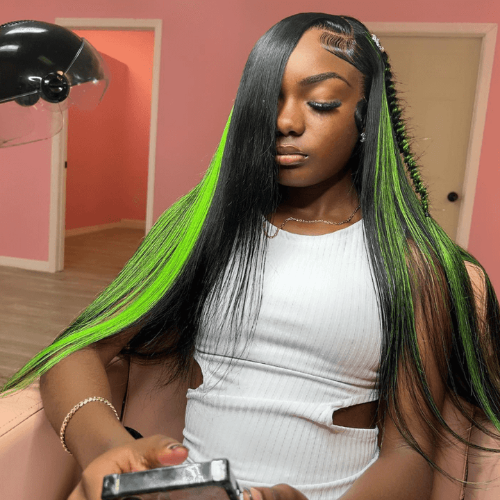 SZC Black With Green Highlight Bone Straight Lace Front Human Hair Wig