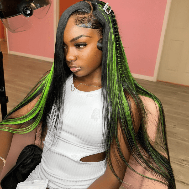 SZC Black With Green Highlight Bone Straight Lace Front Human Hair Wig