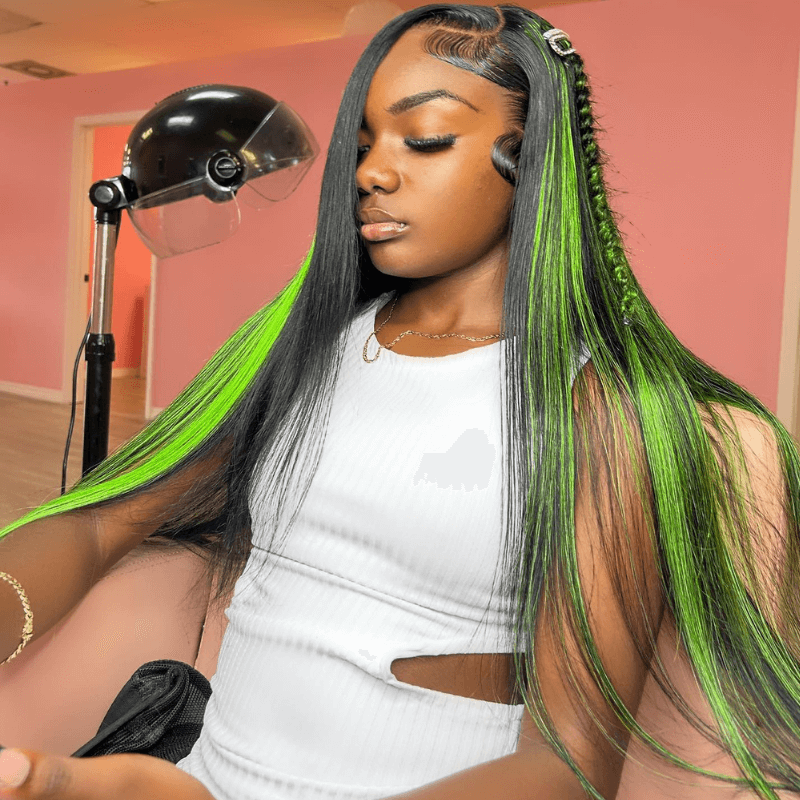 SZC Black With Green Highlight Bone Straight Lace Front Human Hair Wig