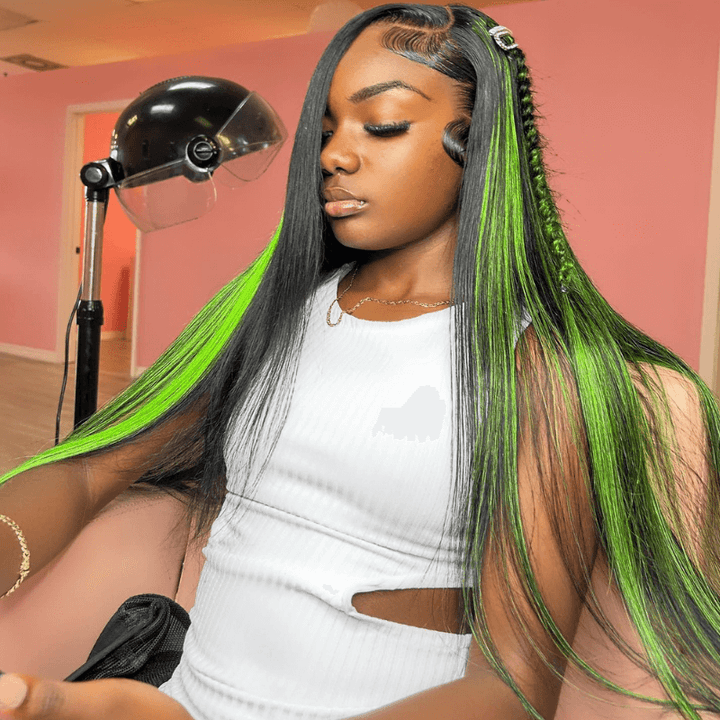 SZC Black With Green Highlight Bone Straight Lace Front Human Hair Wig