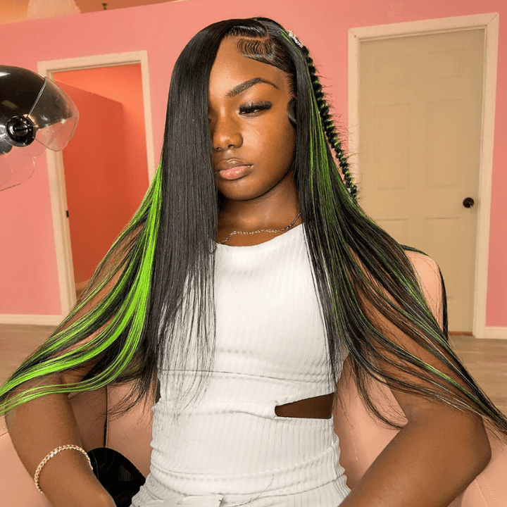 SZC Black With Green Highlight Bone Straight Lace Front Human Hair Wig