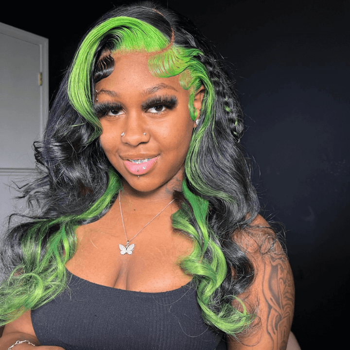 SZC Black With Green Skunk Stripe Highlight Lace Front Human Hair Wigs