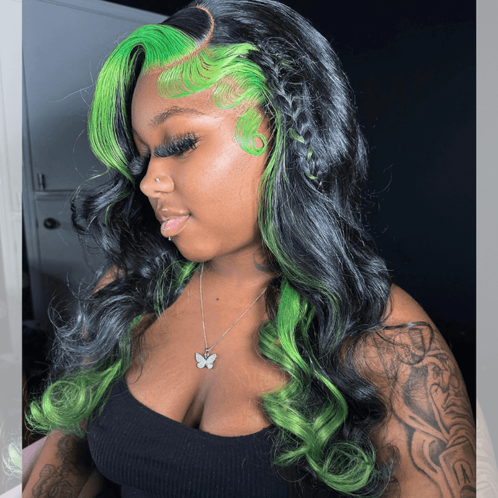 SZC Black With Green Skunk Stripe Highlight Lace Front Human Hair Wigs