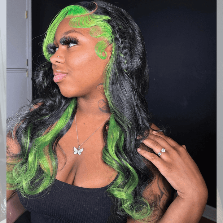 SZC Black With Green Skunk Stripe Highlight Lace Front Human Hair Wigs