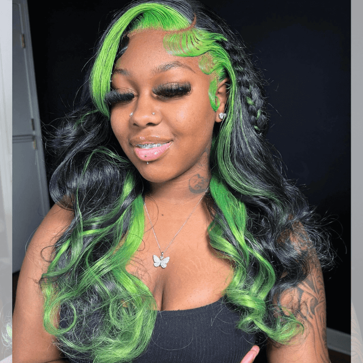 SZC Black With Green Skunk Stripe Highlight Lace Front Human Hair Wigs