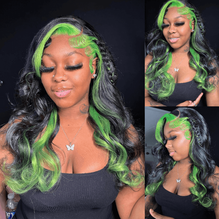 SZC Black With Green Skunk Stripe Highlight Lace Front Human Hair Wigs