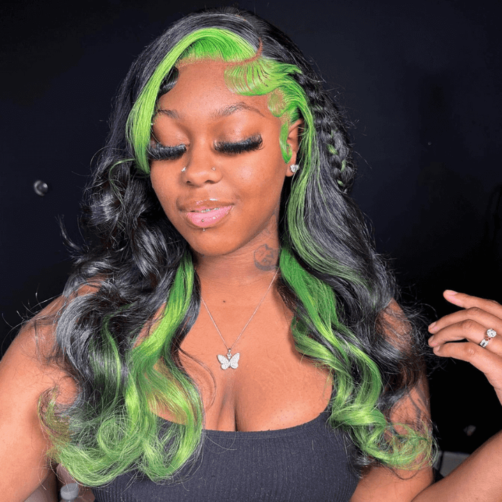 SZC Black With Green Skunk Stripe Highlight Lace Front Human Hair Wigs