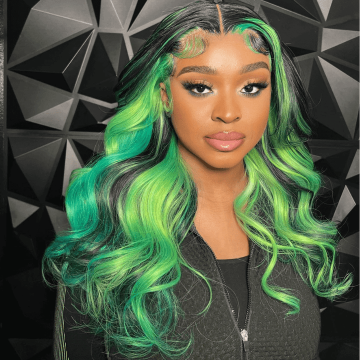 SZC Black With Green Streak Highlights 13x4 Lace Front Human Hair Wigs
