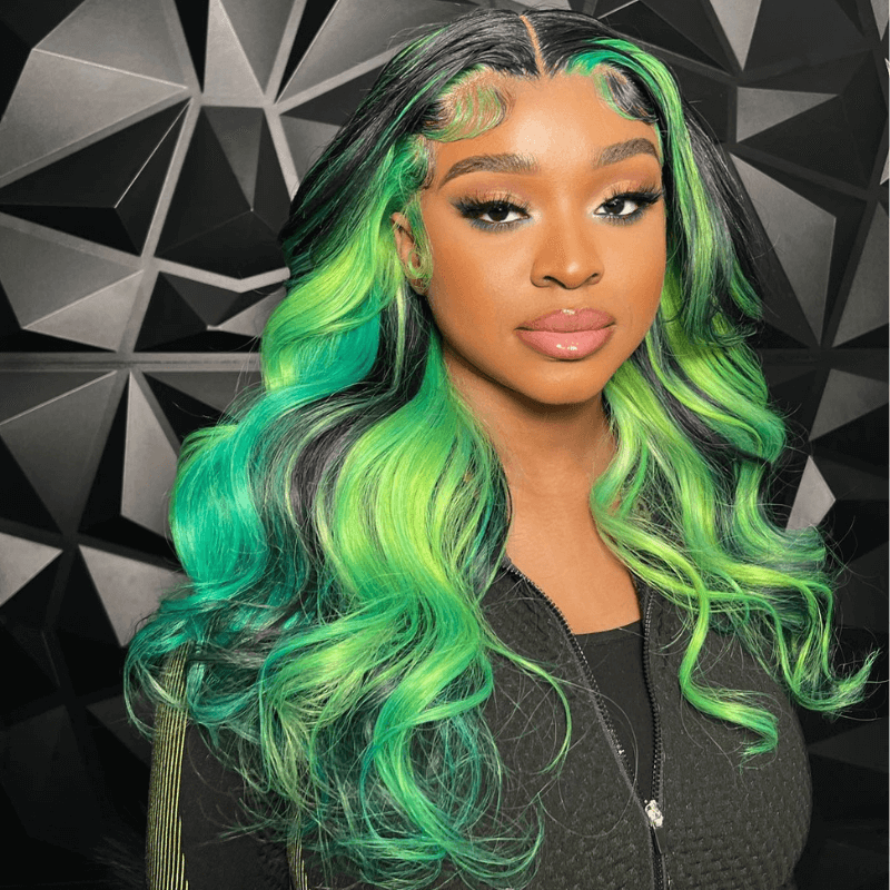 SZC Black With Green Streak Highlights 13x4 Lace Front Human Hair Wigs
