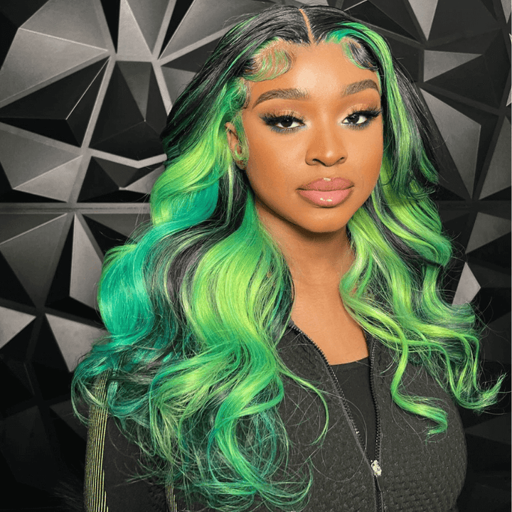 SZC Black With Green Streak Highlights 13x4 Lace Front Human Hair Wigs