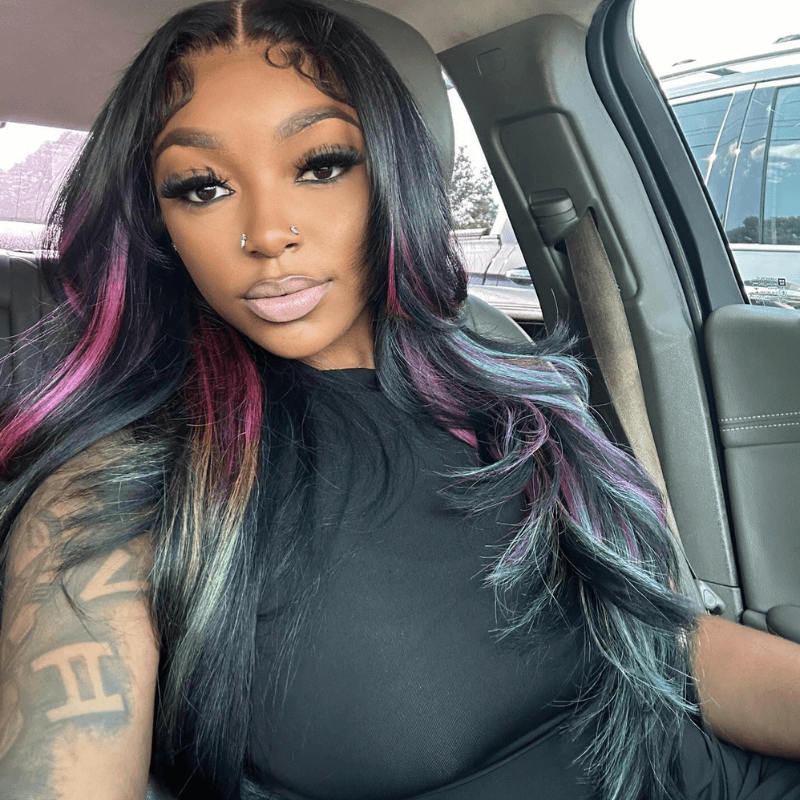 SZC Black With Purple Green Blue Highlights Lace Front Human Hair Wigs