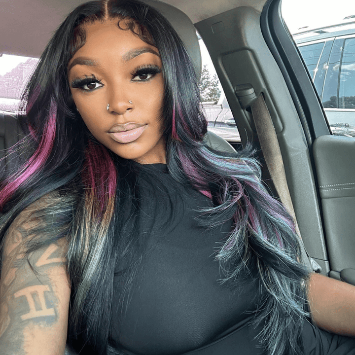 SZC Black With Purple Green Blue Highlights Lace Front Human Hair Wigs