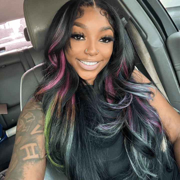 SZC Black With Purple Green Blue Highlights Lace Front Human Hair Wigs