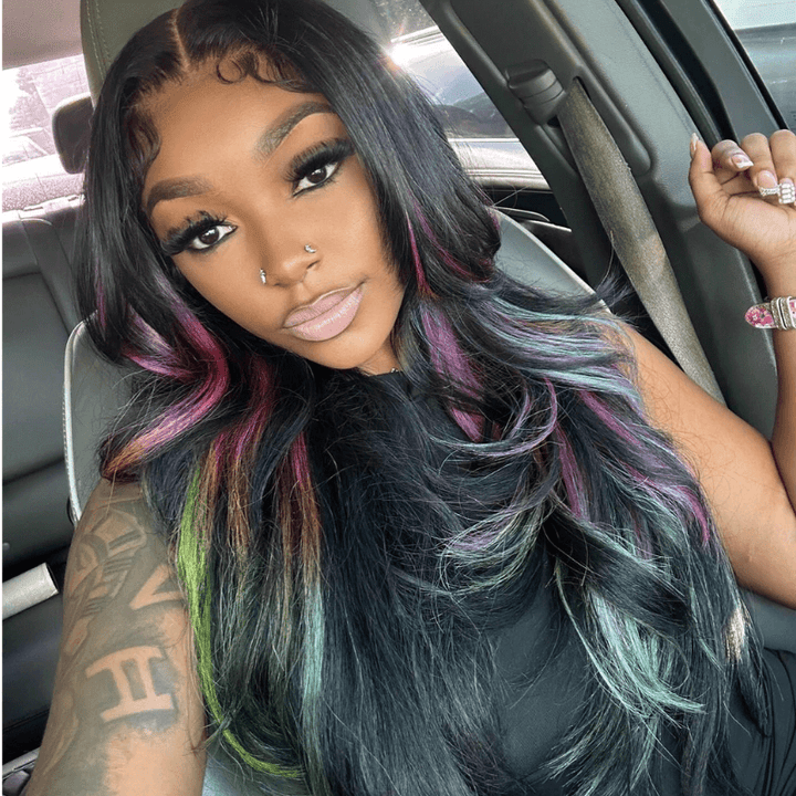 SZC Black With Purple Green Blue Highlights Lace Front Human Hair Wigs