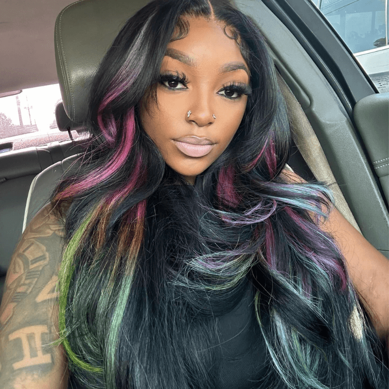 SZC Black With Purple Green Blue Highlights Lace Front Human Hair Wigs