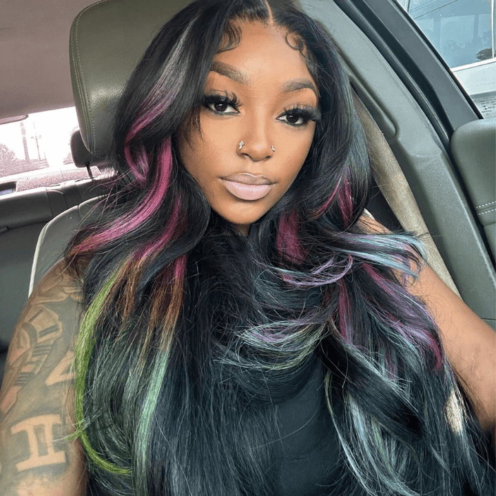 SZC Black With Purple Green Blue Highlights Lace Front Human Hair Wigs