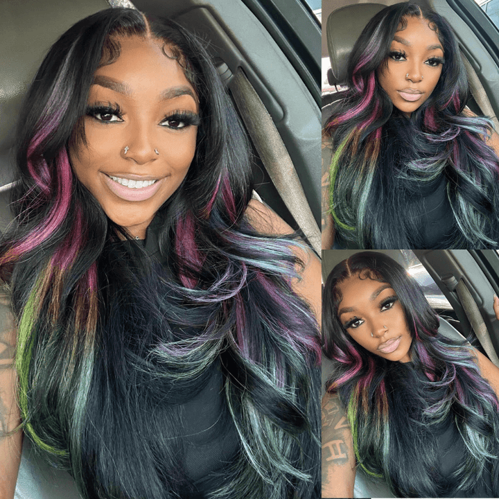 SZC Black With Purple Green Blue Highlights Lace Front Human Hair Wigs
