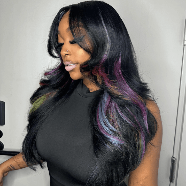 SZC Black With Purple Green Red Blue 13x4 HD Lace Front Human Hair Wig