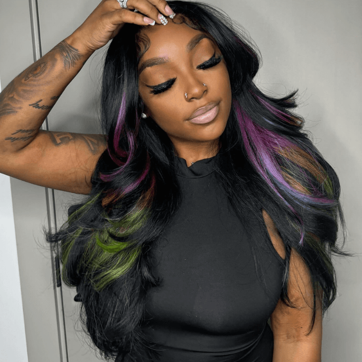 SZC Black With Purple Green Red Blue 13x4 HD Lace Front Human Hair Wig