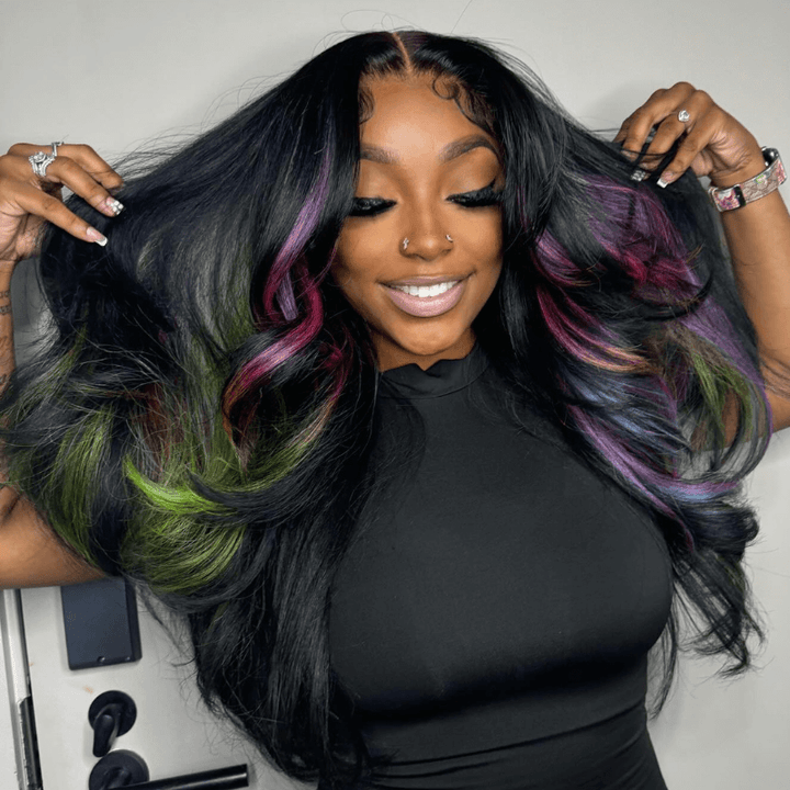 SZC Black With Purple Green Red Blue 13x4 HD Lace Front Human Hair Wig
