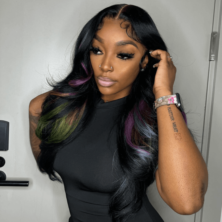 SZC Black With Purple Green Red Blue 13x4 HD Lace Front Human Hair Wig