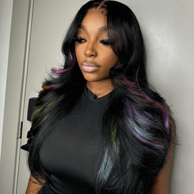 SZC Black With Purple Green Red Blue 13x4 HD Lace Front Human Hair Wig