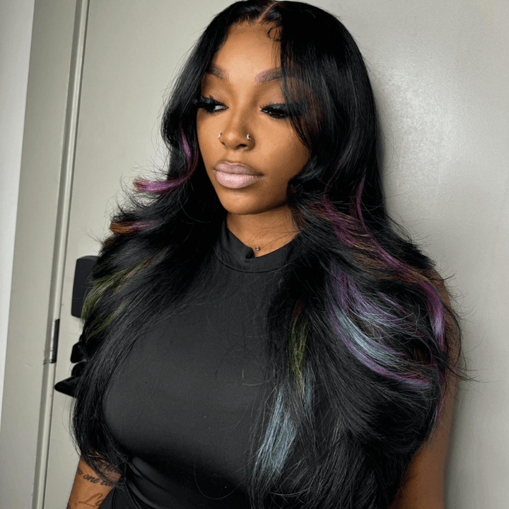 SZC Black With Purple Green Red Blue 13x4 HD Lace Front Human Hair Wig