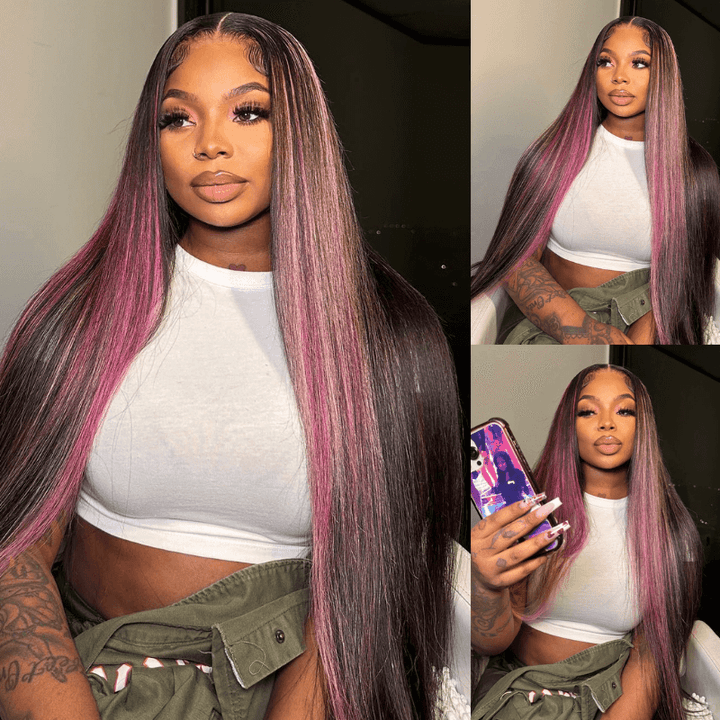 SZC Black With Purple Red Bone Straight 13x4 HD Lace Front Human Hair Wig