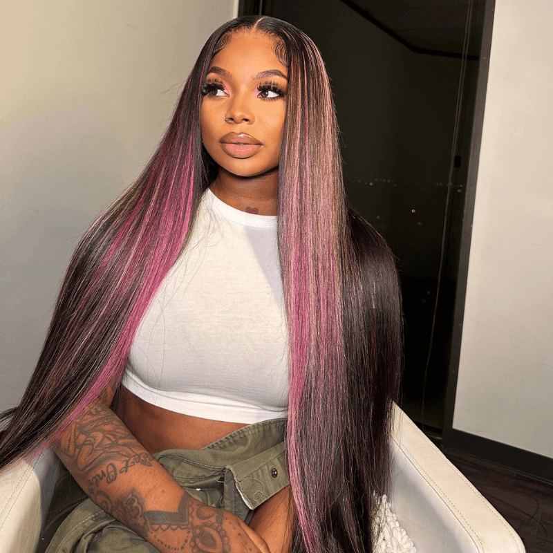 SZC Black With Purple Red Bone Straight 13x4 HD Lace Front Human Hair Wig