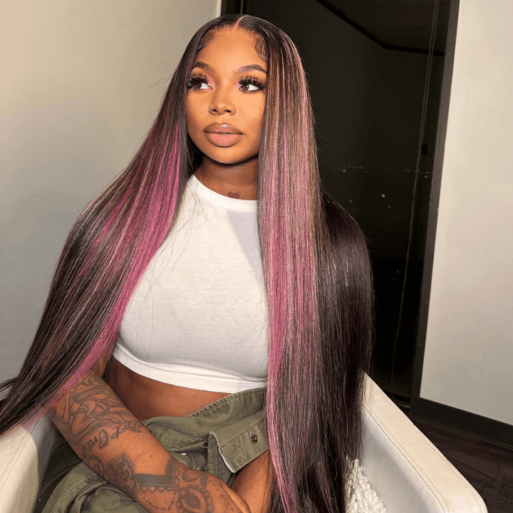 SZC Black With Purple Red Bone Straight 13x4 HD Lace Front Human Hair Wig