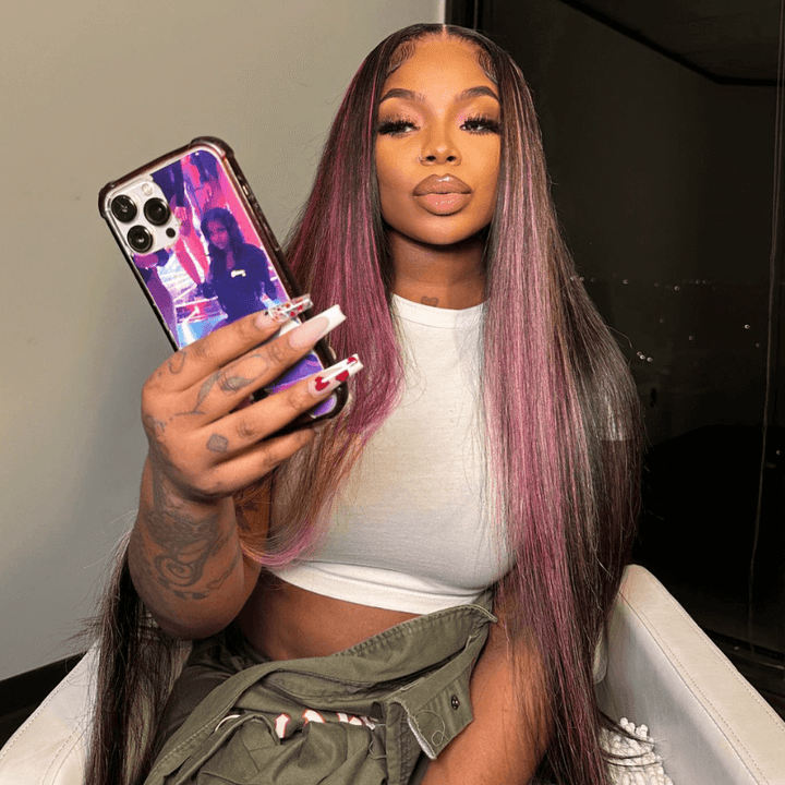 SZC Black With Purple Red Bone Straight 13x4 HD Lace Front Human Hair Wig