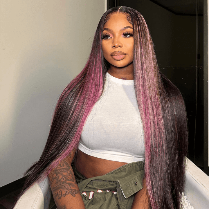 SZC Black With Purple Red Bone Straight 13x4 HD Lace Front Human Hair Wig