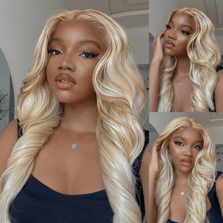 SZC Blonde 613 Color With Light Brown Highlights Lace Front Human Hair Wig