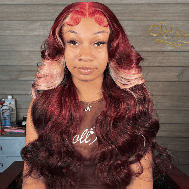 SZC Blonde Skunk Stripe Burgundy 99J Red Body Wave Wavy Human Hair Wig