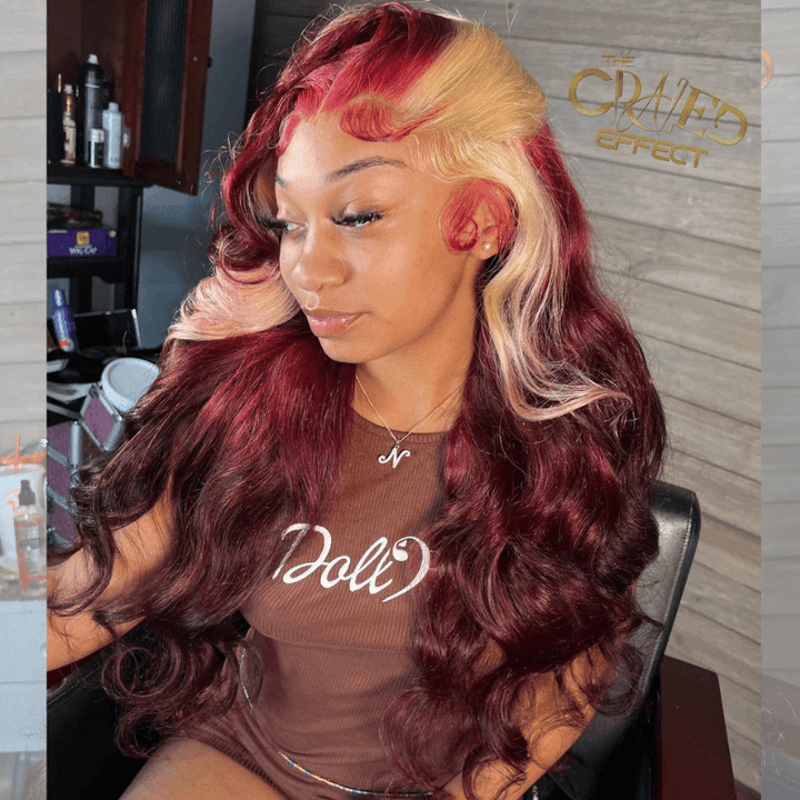 SZC Blonde Skunk Stripe Burgundy 99J Red Body Wave Wavy Human Hair Wig