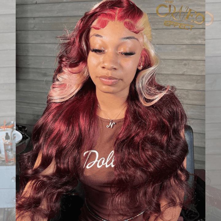 SZC Blonde Skunk Stripe Burgundy 99J Red Body Wave Wavy Human Hair Wig