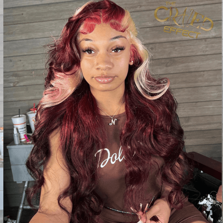 SZC Blonde Skunk Stripe Burgundy 99J Red Body Wave Wavy Human Hair Wig