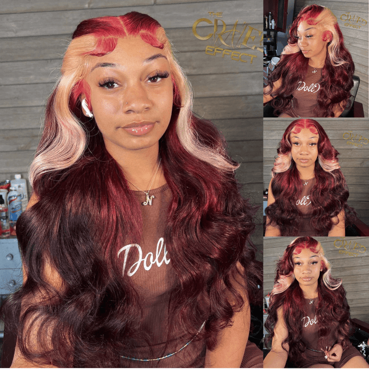 SZC Blonde Skunk Stripe Burgundy 99J Red Body Wave Wavy Human Hair Wig
