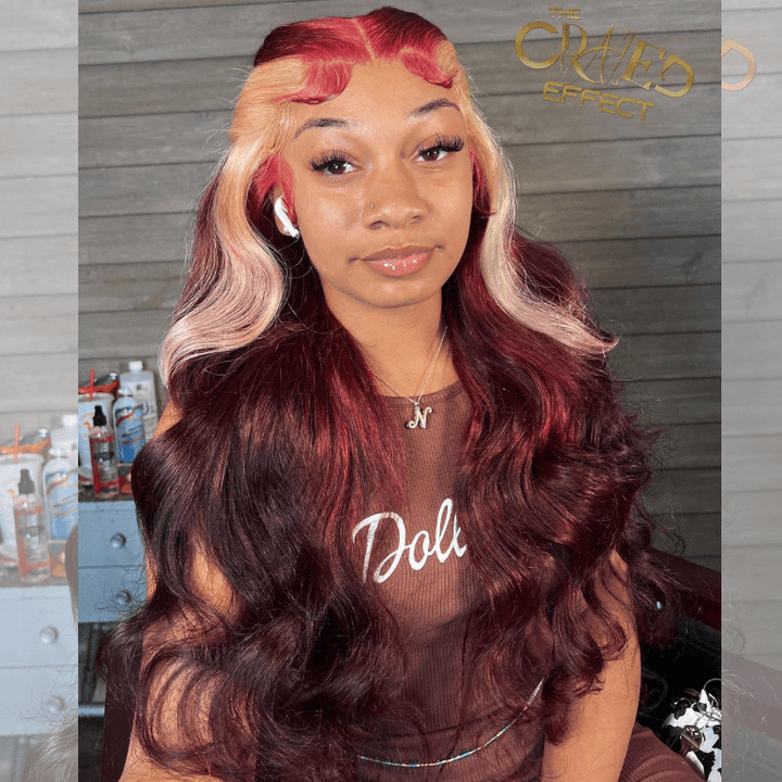 SZC Blonde Skunk Stripe Burgundy 99J Red Body Wave Wavy Human Hair Wig