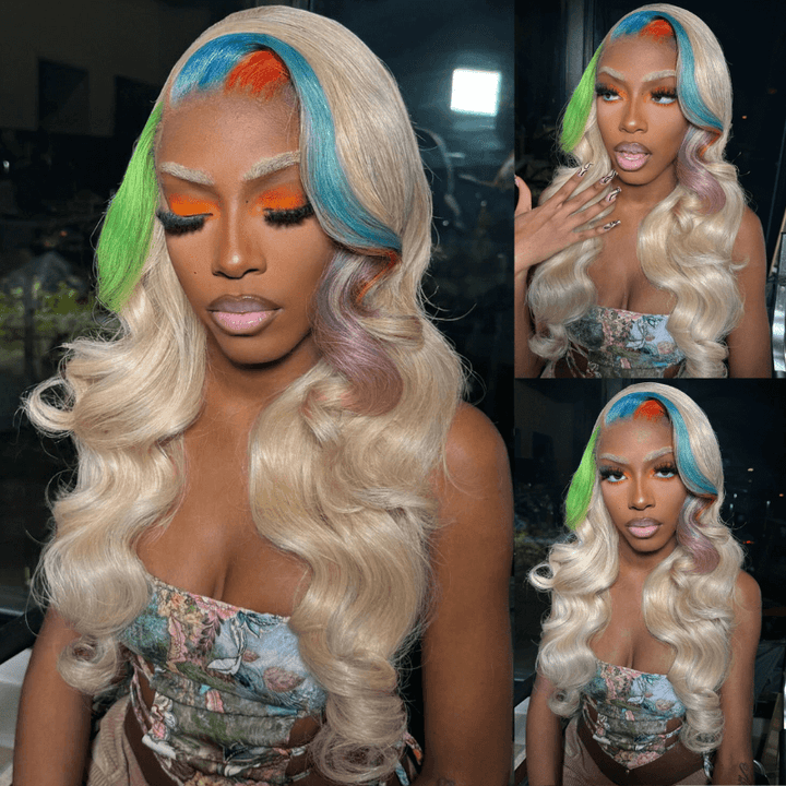 SZC Blue Ginger Purple Green Skunk Stripe Blonde Color Human Hair Wigs