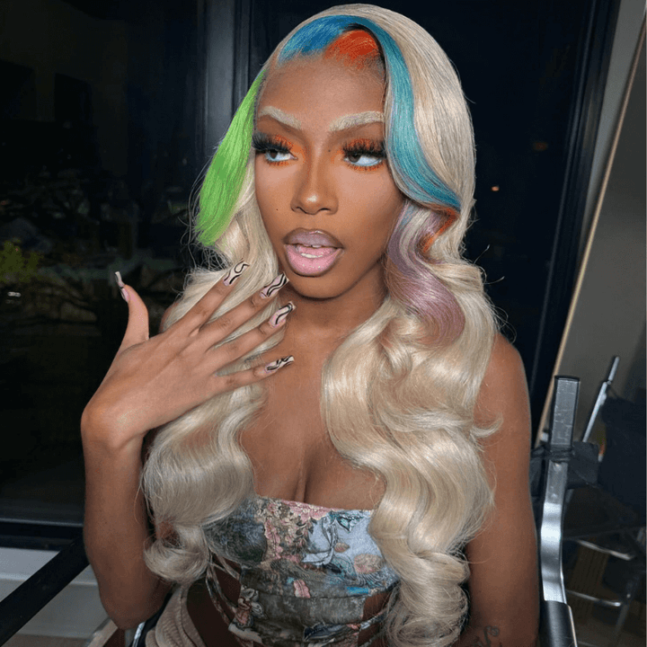 SZC Blue Ginger Purple Green Skunk Stripe Blonde Color Human Hair Wigs