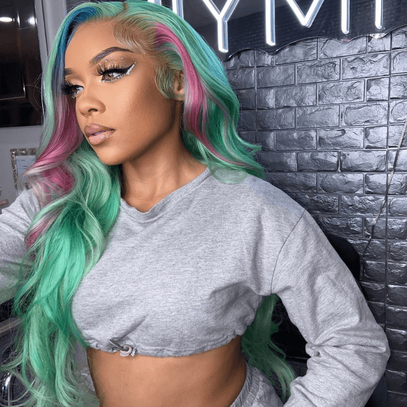 SZC Blue Hot Pink Skunk Stripe Green Body Wave Lace Front Human Hair Wigs