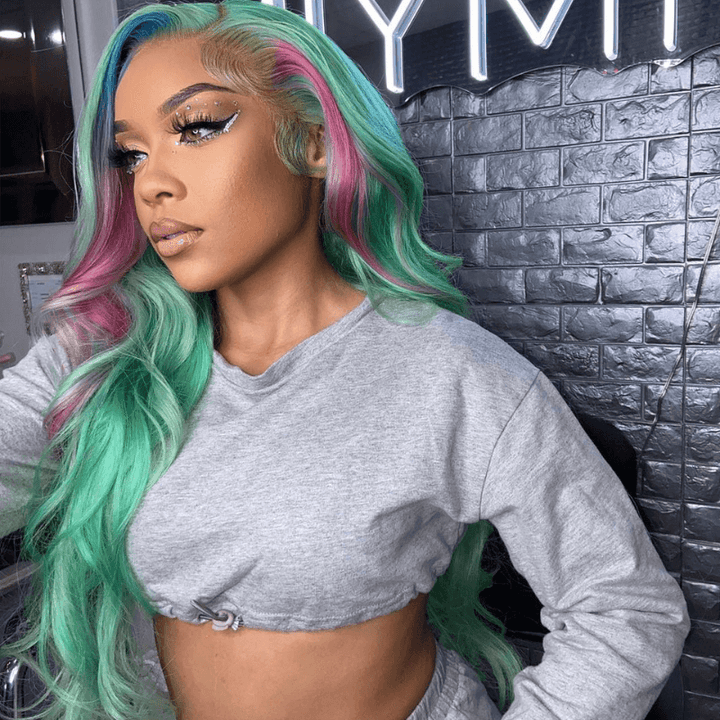 SZC Blue Hot Pink Skunk Stripe Green Body Wave Lace Front Human Hair Wigs
