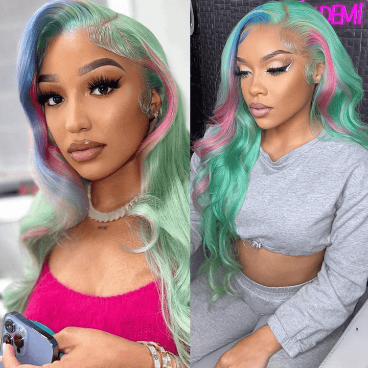 SZC Blue Hot Pink Skunk Stripe Green Body Wave Lace Front Human Hair Wigs