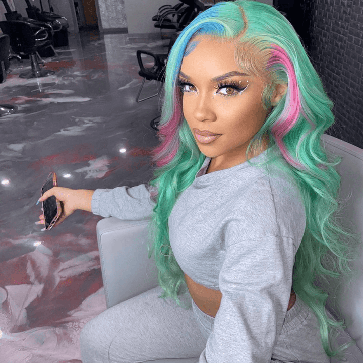 SZC Blue Hot Pink Skunk Stripe Green Body Wave Lace Front Human Hair Wigs