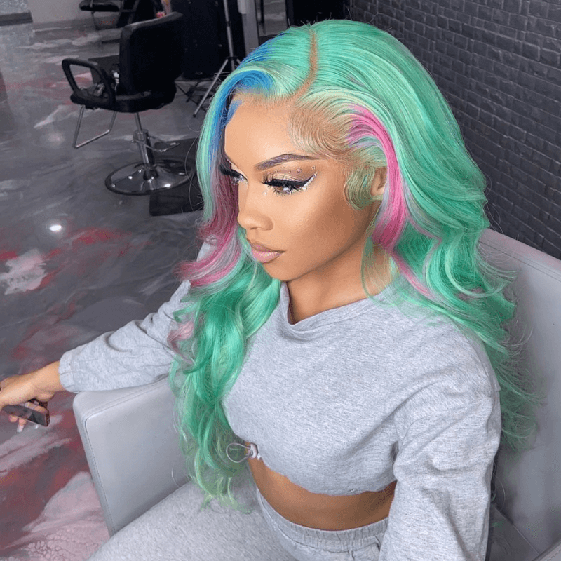 SZC Blue Hot Pink Skunk Stripe Green Body Wave Lace Front Human Hair Wigs