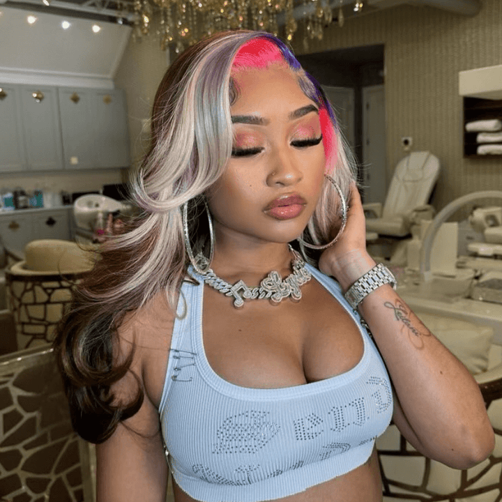 SZC Blue Pink Gray Skunk Stripe Chocolate Brown Lace Front Human Hair Wig