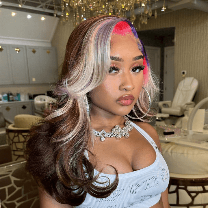 SZC Blue Pink Gray Skunk Stripe Chocolate Brown Lace Front Human Hair Wig