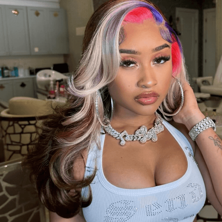 SZC Blue Pink Gray Skunk Stripe Chocolate Brown Lace Front Human Hair Wig