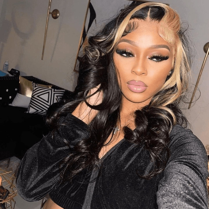 SZC Brown Skunk Stripe Black Body Wave 13x4 Lace Front Human Hair Wigs